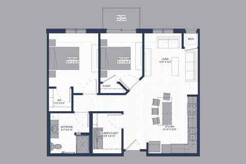 Floor plan for 2 beds, 1 bath, 926 sqft